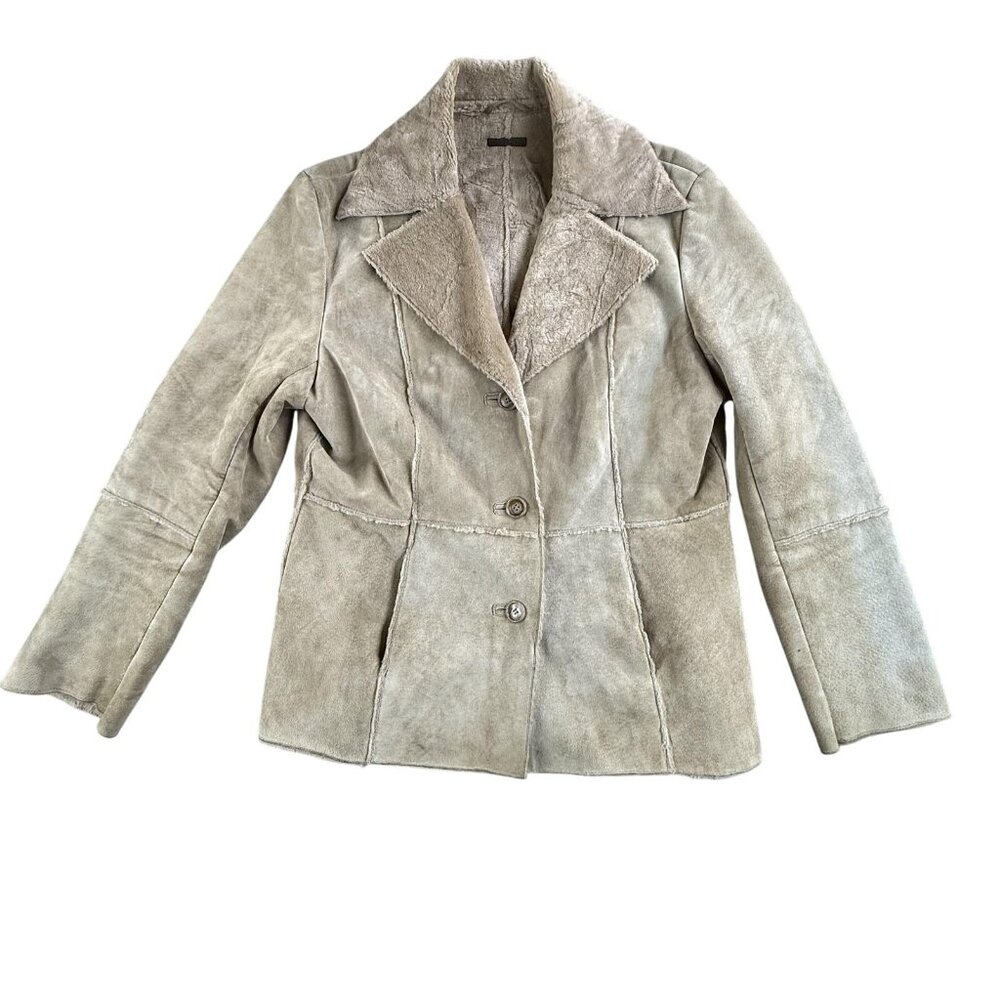 Vintage Guess Jacket Womens Large Beige Genuine Leather Faux Fur Lined Coat Y2K